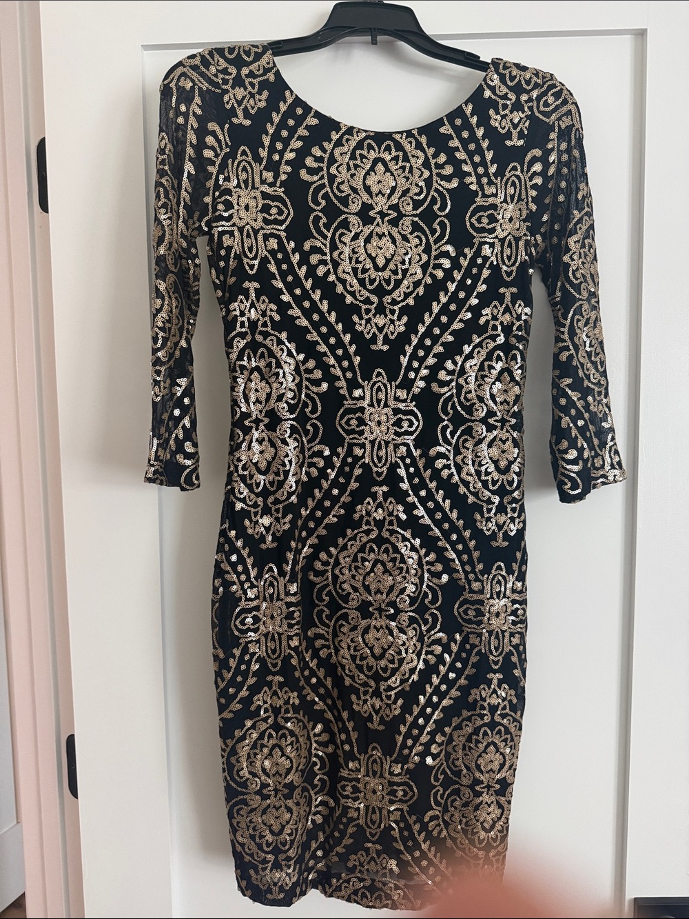 Snap Black Dress with Gold Sequin Medallion Pattern